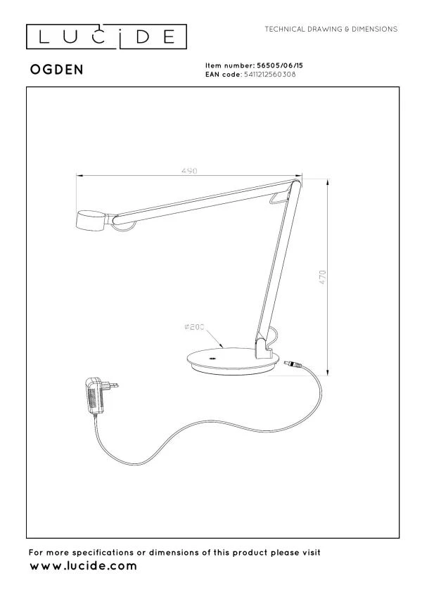 Lucide Premium OGDEN - Lampe de bureau - LED 3 StepDim - 1x7W 3000K - Fer gris - technique